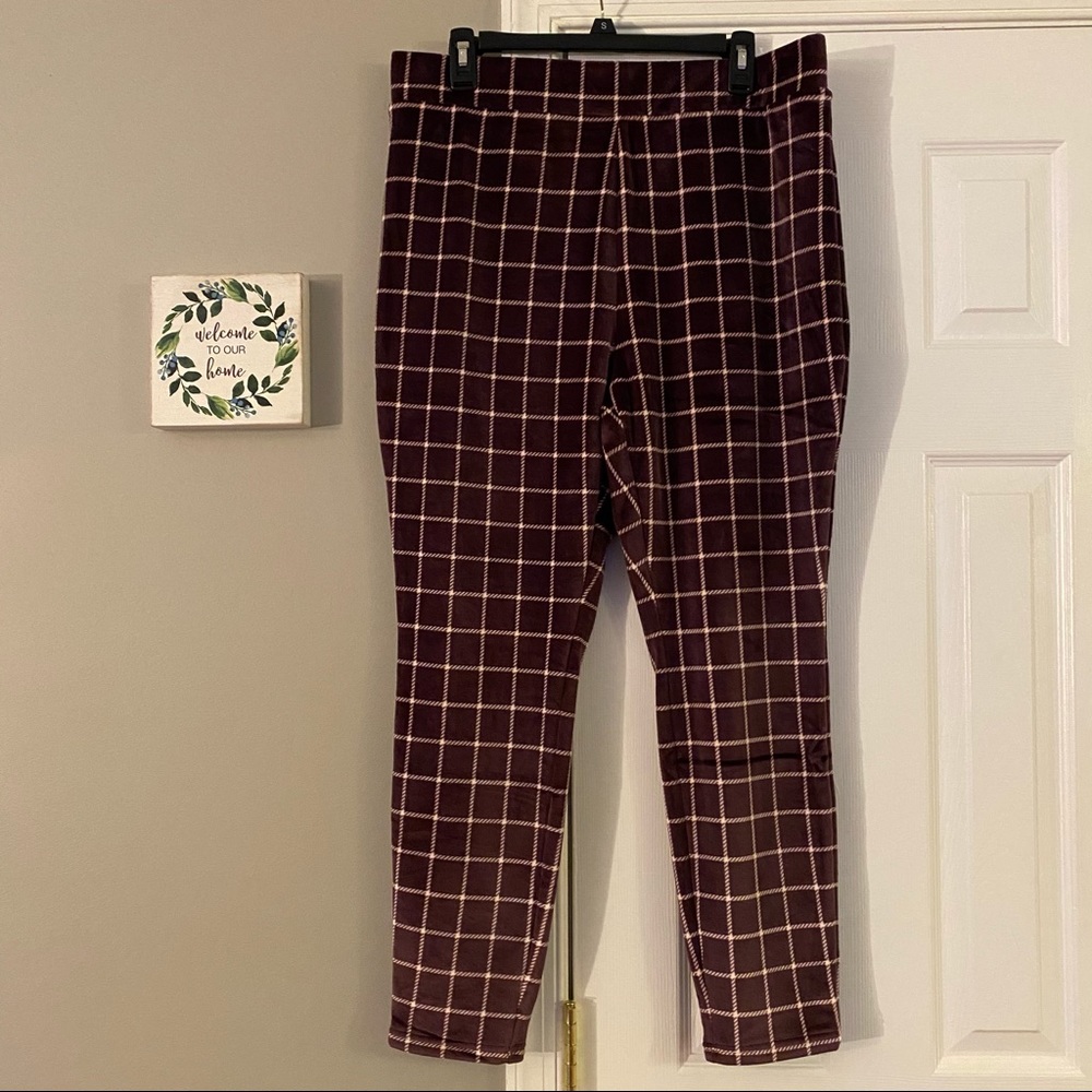 Lands End Eggplant Purple Cream Grid Soft Velour Pajama Lounge Pant Large Cozy